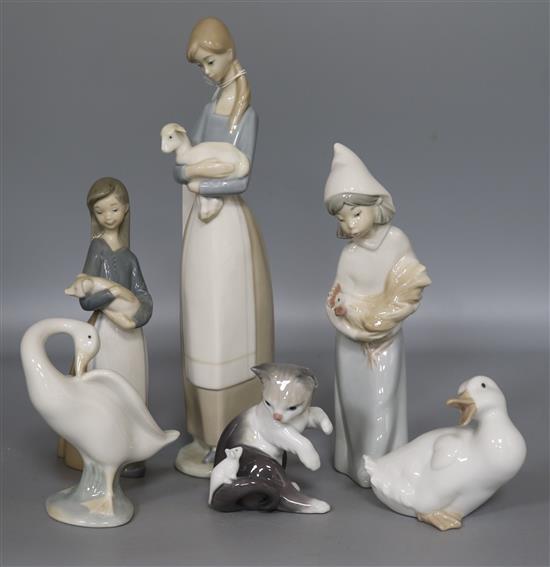 Two Lladro girls, a duck, a swan, a cat and mouse, (6)
